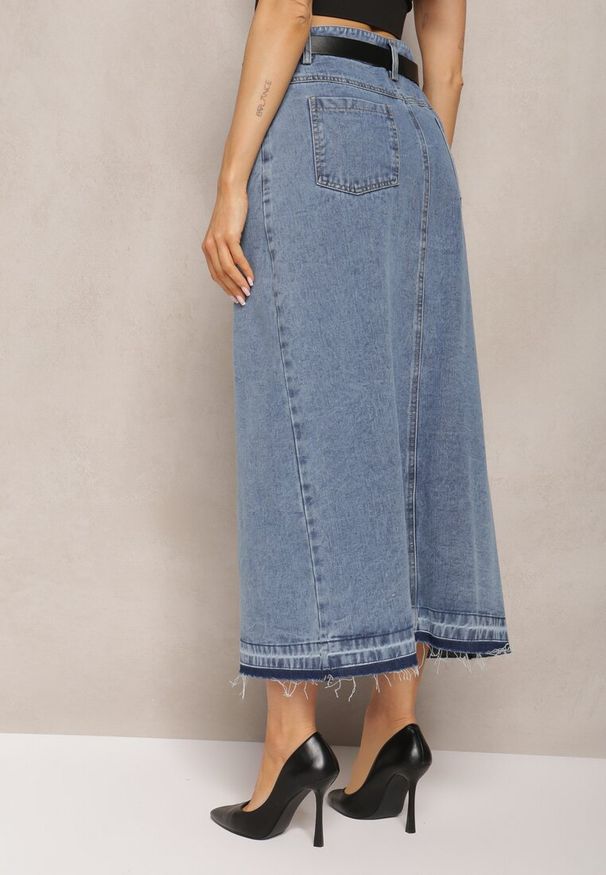Renee - Granatowa Ołówkowa Spódnica Jeansowa z Paskiem w Komplecie Olvane. Kolor: niebieski. Materiał: jeans