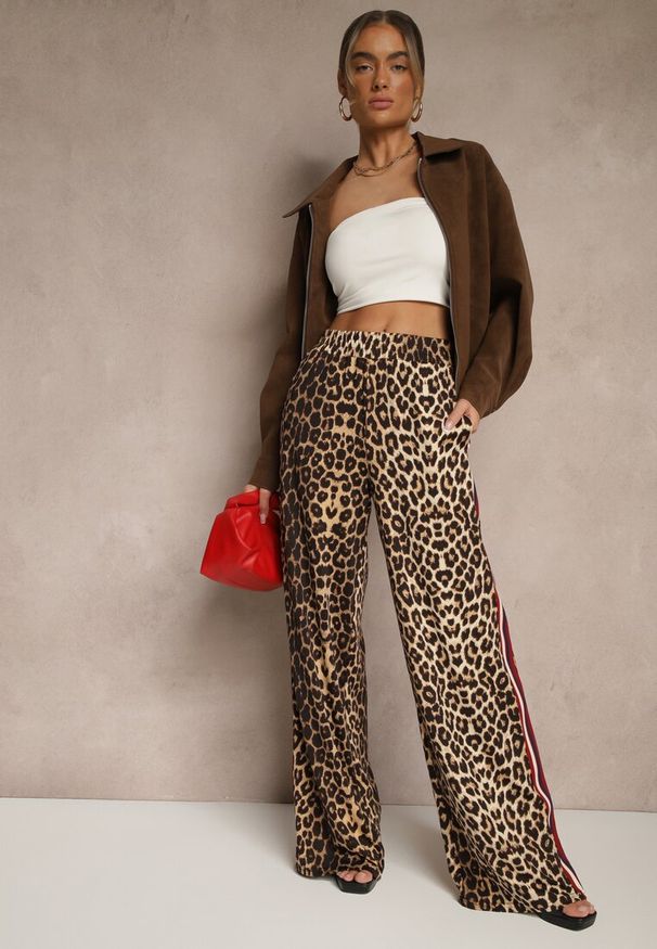 Renee - Brązowe Spodnie z Wiskozą High Waist o Szerokim Kroju z Lampasami Elosina. Stan: podwyższony. Kolor: brązowy. Materiał: wiskoza