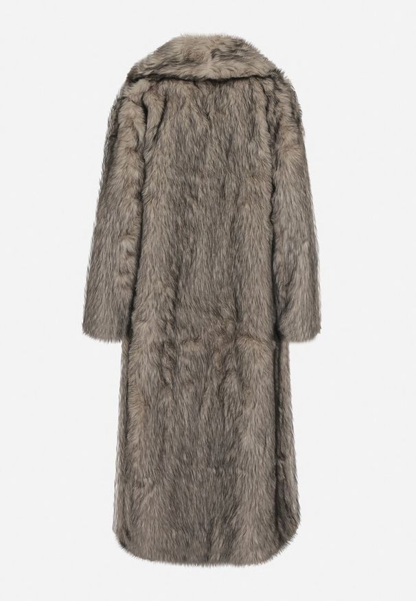 Born2be - Beżowo-Czarny Długi Płaszcz Futrzany z Kołnierzem Banisse. Okazja: na co dzień. Kolor: beżowy. Materiał: futro. Długość: długie. Styl: elegancki, klasyczny, casual