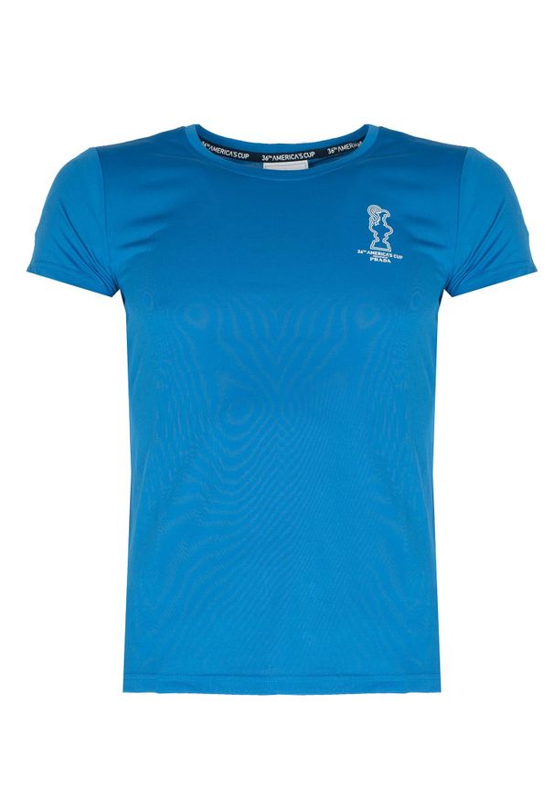 North Sails X Prada T-shirt "Foehn" | 45 2505 000 | T-shirt Foehn | Kobieta | Niebieski. Okazja: na co dzień. Kolor: niebieski. Materiał: poliester. Wzór: aplikacja, nadruk, napisy. Styl: casual