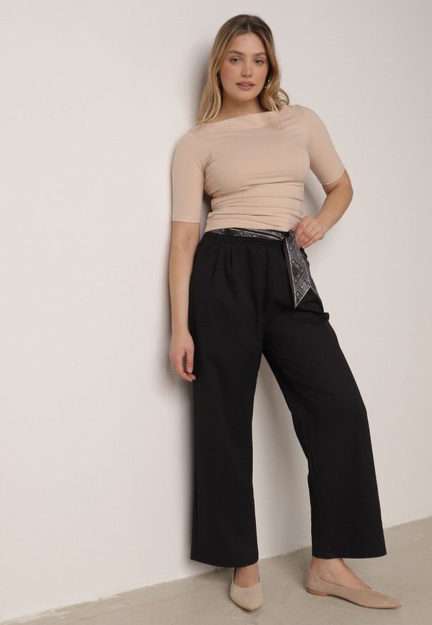 Born2be - Niebieskie Eleganckie Spodnie z Bawełny i Wiskozy z Materiałowym Paskiem-Apaszką Vetina. Okazja: na co dzień, na spotkanie biznesowe, do pracy. Kolor: niebieski. Materiał: wiskoza, bawełna, materiał. Styl: elegancki