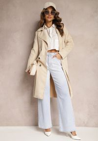 Renee - Beżowy Płaszcz Dwurzędowy z Ekozamszu Wiązany w Talii Faira. Kolor: beżowy. Styl: elegancki