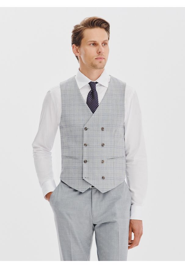 Pako Lorente - PAKO LORENTE - Dwurzędowa kamizelka męska w kratę. Materiał: poliester, wiskoza, elastan. Styl: młodzieżowy, elegancki