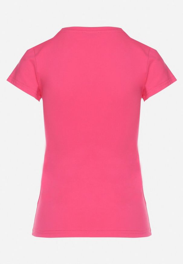 Born2be - Fuksjowy Bawełniany T-shirt z Napisem Living i Nadrukiem Commea. Okazja: na co dzień. Kolor: różowy. Materiał: bawełna. Wzór: napisy, nadruk. Styl: elegancki, casual