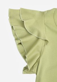 Born2be - Zielona Bawełniana Bluzka o Prostym Kroju z Krótkim Rękawem z Falbanek Himoni. Okazja: do pracy, na co dzień. Typ kołnierza: kołnierz z falbankami. Kolor: zielony. Materiał: bawełna. Długość rękawa: krótki rękaw. Długość: krótkie. Styl: elegancki, klasyczny, casual #2