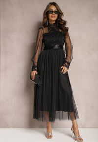Renee - Czarna Siateczkowa Sukienka Maxi o Rozkloszowanym Kroju z Ozdobną Koronką Narile. Kolor: czarny. Materiał: koronka. Wzór: koronka. Styl: elegancki. Długość: maxi #3