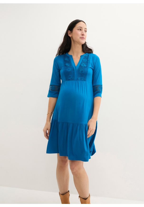 bonprix - Sukienka ciążowa i do karmienia piersią. Kolekcja: moda ciążowa. Kolor: niebieski. Wzór: ażurowy, haft