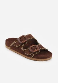 Renee - Brązowe Klapki VICES z Klamrami w Drewnianym Stylu i z Przeszyciami Nerineira. Kolor: brązowy. Sezon: wiosna, lato. Styl: boho, elegancki #7