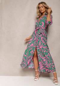 Renee - Zielono-Fuksjowa Sukienka Koszulowa Maxi z Materiałowym Paskiem w Abstrakcyjny Print Lirans. Kolor: zielony. Materiał: materiał. Wzór: nadruk. Typ sukienki: koszulowe. Długość: maxi