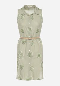 Born2be - Jasnozielona Bawełniana Sukienka Koszulowa w Haftowane Kwiaty z Paskiem z Klamrą Turivana. Okazja: na co dzień. Kolor: zielony. Materiał: bawełna. Wzór: kwiaty, haft. Typ sukienki: koszulowe. Styl: klasyczny, casual, elegancki #7