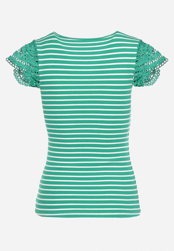 Born2be - Zielony Bawełniany T-shirt w Paski z Koronkowymi Wstawkami Idamarie. Kolor: zielony. Materiał: koronka, bawełna. Wzór: paski