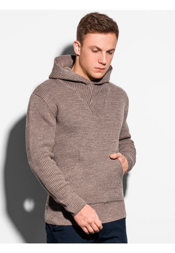 Ombre Clothing - Sweter męski E181 - brązowy - S. Kolor: brązowy. Materiał: akryl