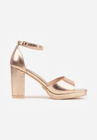Born2be - Szampańskie Sandały VICES na Platformie i Słupku ze Skórzaną Wkładką Phelusa. Okazja: na wesele, do pracy, na spotkanie biznesowe, na ślub cywilny. Zapięcie: pasek. Kolor: złoty. Materiał: skóra. Obcas: na platformie. Styl: biznesowy. Wysokość obcasa: średni #7