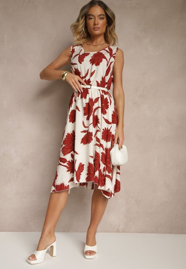 Renee - Bordowa Sukienka Bez Rękawów z Tkaniny Wiskozowej w Kwiaty Orrivia. Okazja: na spacer. Kolor: czerwony. Materiał: tkanina, wiskoza. Długość rękawa: bez rękawów. Wzór: kwiaty. Sezon: lato. Styl: elegancki