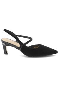 Czółenka damskie S.Barski, cholewka ze skóry naturalnej zamszowej elegancki fason slingback na stabilnym obcasie, czarne, CR61-3048. Okazja: do pracy, na spotkanie biznesowe. Nosek buta: szpiczasty. Zapięcie: pasek. Kolor: czarny. Szerokość cholewki: normalna. Wzór: paski, aplikacja. Materiał: skóra, zamsz. Obcas: na obcasie. Styl: elegancki. Wysokość obcasa: średni #7
