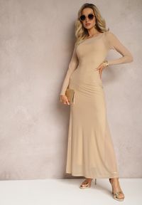 Renee - Beżowa Siateczkowa Sukienka o Taliowanym Kroju z Halką Manemoma. Kolor: beżowy. Długość rękawa: długi rękaw #4