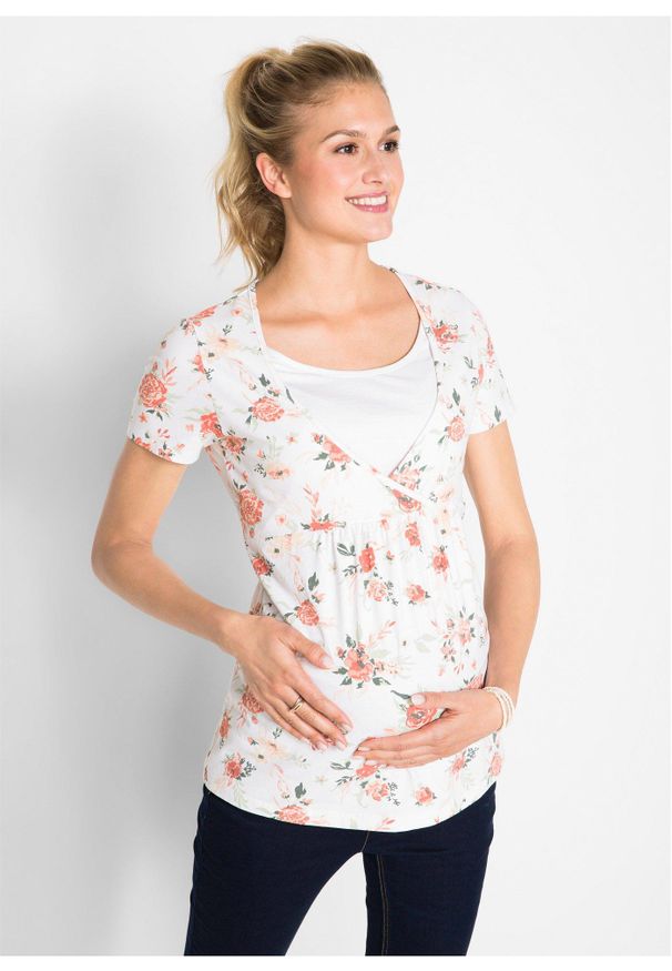 bonprix - Shirt 2 w 1 ciążowy i do karmienia piersią, z bawełny organicznej. Kolekcja: moda ciążowa. Kolor: biały. Materiał: materiał, bawełna. Wzór: gładki, kwiaty