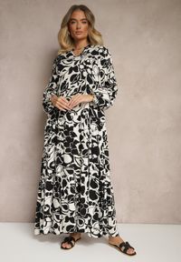 Renee - Czarna Pudełkowa Sukienka z Wiskozy w Kwiatowy Print Ridielia. Okazja: na co dzień. Typ kołnierza: dekolt w kształcie V. Kolor: czarny. Materiał: wiskoza. Wzór: kwiaty, nadruk. Styl: elegancki, casual #3