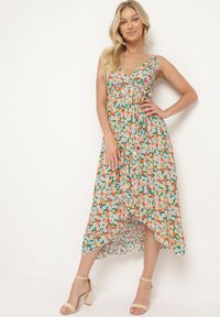 Born2be - Zielono-Pomarańczowa Bawełniana Sukienka na Ramiączkach z Kopertowym Dekoltem i Asymetrycznym Rozcięciem Xiloa. Okazja: na co dzień. Typ kołnierza: dekolt kopertowy. Kolor: zielony. Materiał: bawełna. Długość rękawa: na ramiączkach. Wzór: aplikacja. Typ sukienki: asymetryczne, kopertowe. Styl: casual #1