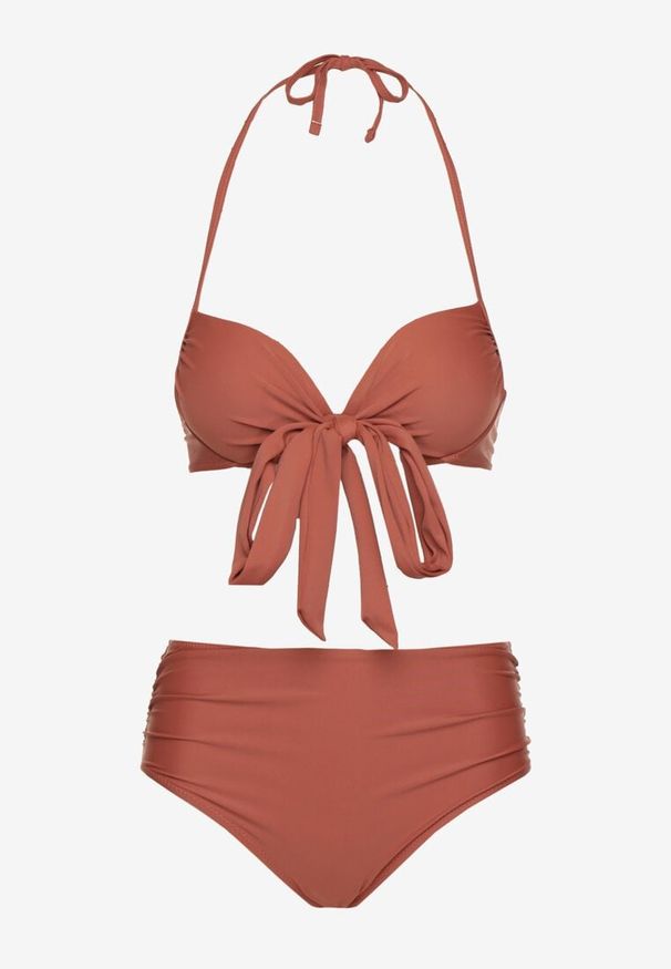 Renee - Jasnobrązowe Bikini Wiązany Biustonosz i Majtki Typu Figi Fevarelia. Stan: podwyższony. Kolor: brązowy. Wzór: haft