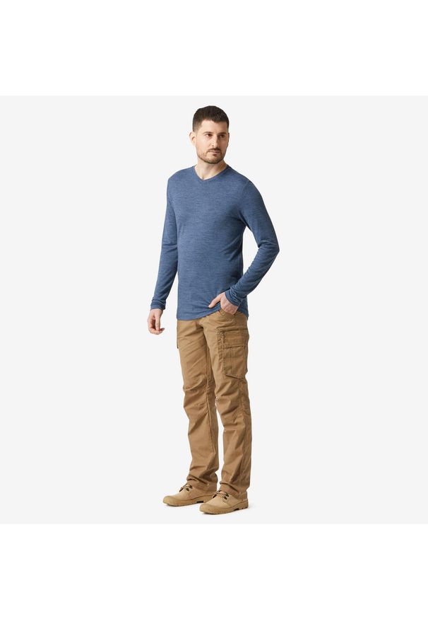 FORCLAZ - Koszulka trekkingowa z długim rękawem męska Forclaz Travel 500 Merino. Kolor: niebieski. Materiał: materiał, akryl, wełna. Długość rękawa: długi rękaw. Długość: długie. Sport: turystyka piesza