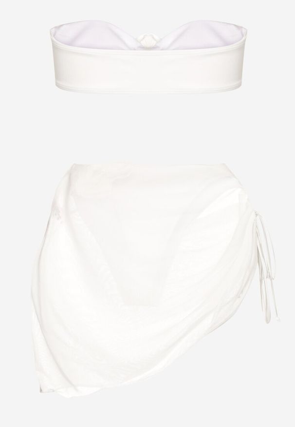 Renee - Białe 3-Częściowe Bikini Stanik i Majtki z Aplikacjami Kwiatów Pareo z Siateczki Irisel. Kolor: biały. Wzór: kwiaty, aplikacja