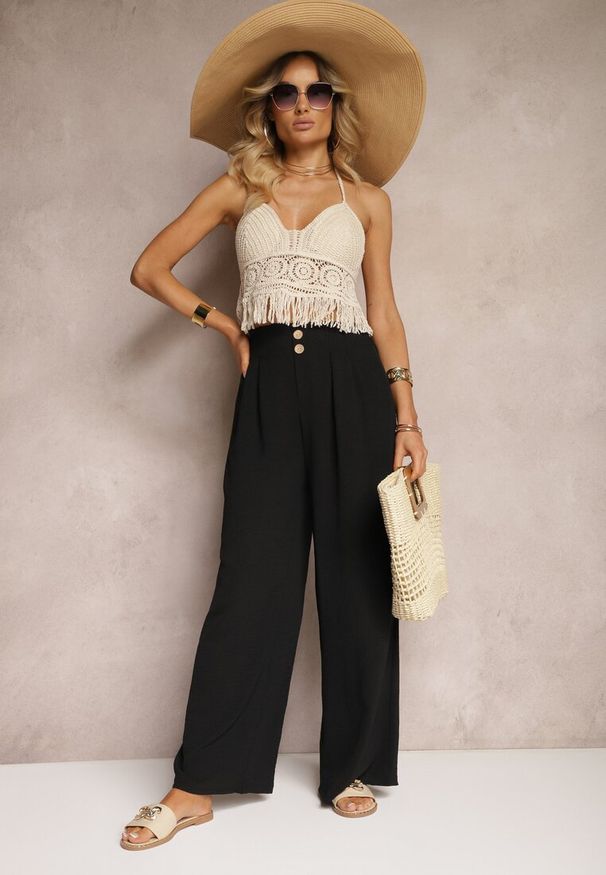Renee - Czarne Spodnie w Stylu Alladynek High Waist Wykończone Gumką w Pasie Riselma. Okazja: na co dzień. Stan: podwyższony. Kolor: czarny. Styl: sportowy, casual