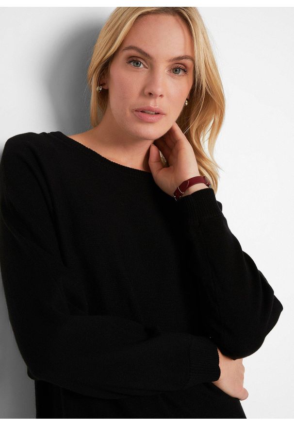 bonprix - Sweter z rękawami typu nietoperz. Kolor: czarny. Wzór: prążki