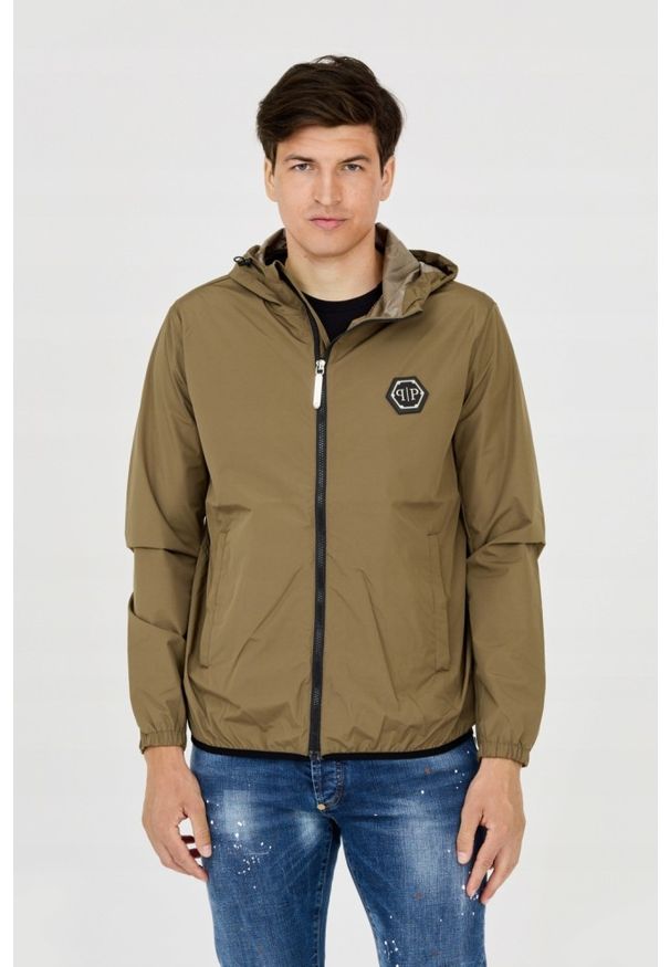 Philipp Plein - PHILIPP PLEIN Męska kurtka wiatrówka zielona, Rozmiar XXL. Typ kołnierza: kaptur. Kolor: zielony