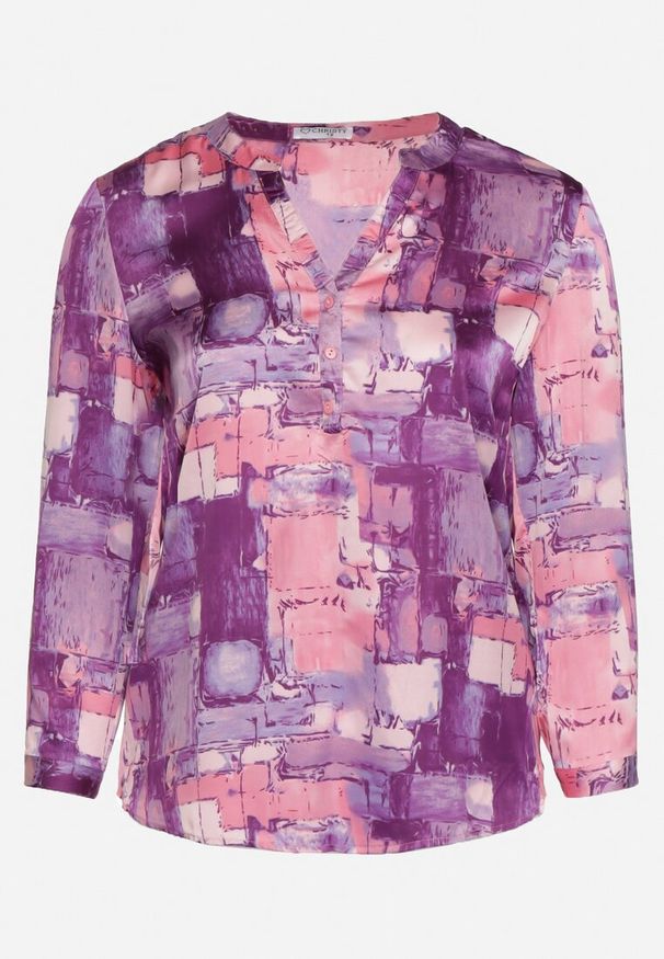 Born2be - Fioletowa Bluzka z Dekoltem na Guziki i Abstrakcyjnym Wzorem Violetha. Kolor: fioletowy