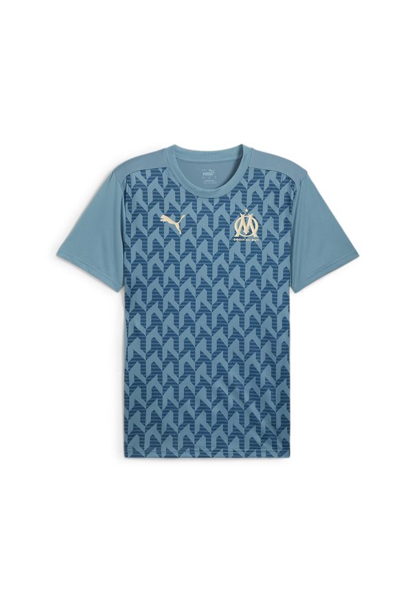 Puma - Męska koszulka przedmeczowa z krótkim rękawem Olympique Marsylia PUMA. Kolor: niebieski. Długość rękawa: krótki rękaw. Długość: krótkie. Wzór: aplikacja. Sport: piłka nożna