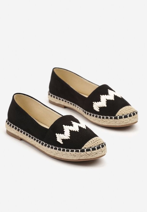 Born2be - Czarne Espadryle z Plecionką i Motywem Zygzaków Sdivaria. Kolor: czarny. Materiał: len