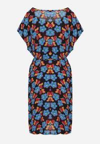 Born2be - Czarno-Niebieska Pudełkowa Sukienka z Wiskozy Wiązana Sznurkiem w Talii Tiamadine. Okazja: na randkę, na co dzień, na spotkanie biznesowe. Kolor: czarny. Materiał: wiskoza. Długość rękawa: krótki rękaw. Wzór: kwiaty. Styl: casual, klasyczny, biznesowy #6