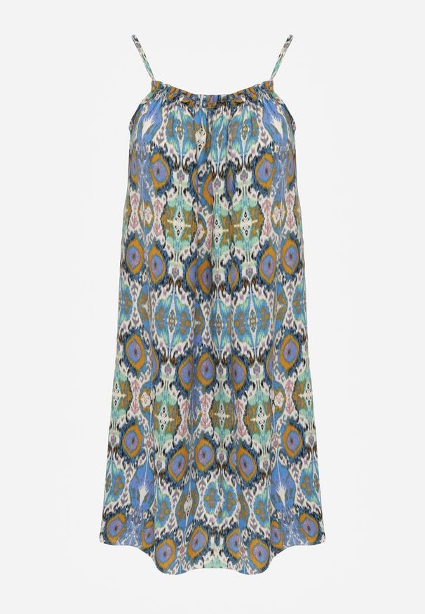 Renee - Niebiesko-Zielona Rozkloszowana Sukienka z Bawełny na Ramiączkach Tessadra. Okazja: na co dzień. Kolor: niebieski. Materiał: bawełna. Długość rękawa: na ramiączkach. Styl: casual