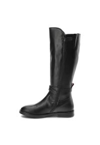 TOMMY HILFIGER - Czarne Kozaki Damskie Tommy Hilfiger Eleganckie Skórzane Buty. Kolor: czarny. Materiał: skóra. Szerokość cholewki: normalna. Wzór: aplikacja. Obcas: na obcasie. Styl: elegancki. Wysokość obcasa: niski