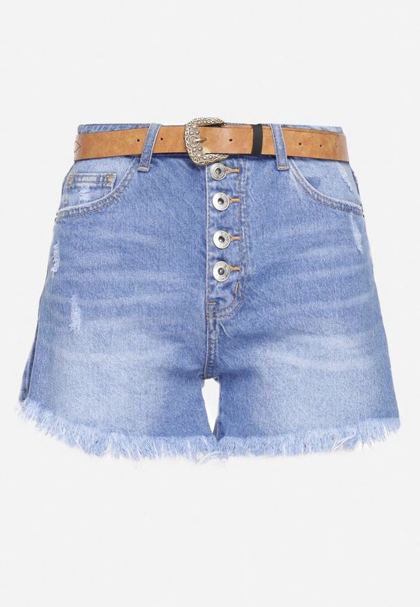Born2be - Niebieskie Bawełniane Jeansowe Szorty Zapinane na Guziki z Wysokim Stanem i Wystrzępionymi Nogawkami Hettala. Stan: podwyższony. Kolor: niebieski. Materiał: jeans, bawełna. Sezon: lato. Styl: elegancki, klasyczny