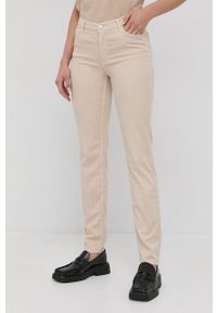 Trussardi Jeans - Trussardi Spodnie damskie kolor beżowy dopasowane medium waist. Kolor: beżowy. Materiał: tkanina