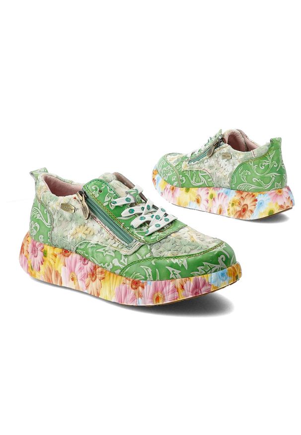 Sneakersy damskie Laura Vita, ze skóry naturalnej z kontrastowym nadrukiem i dekoracyjnym zamkiem z boku, zielone, 62 SL26803-62H. Zapięcie: zamek. Kolor: zielony. Materiał: skóra. Szerokość cholewki: normalna. Wzór: nadruk. Sezon: wiosna, lato