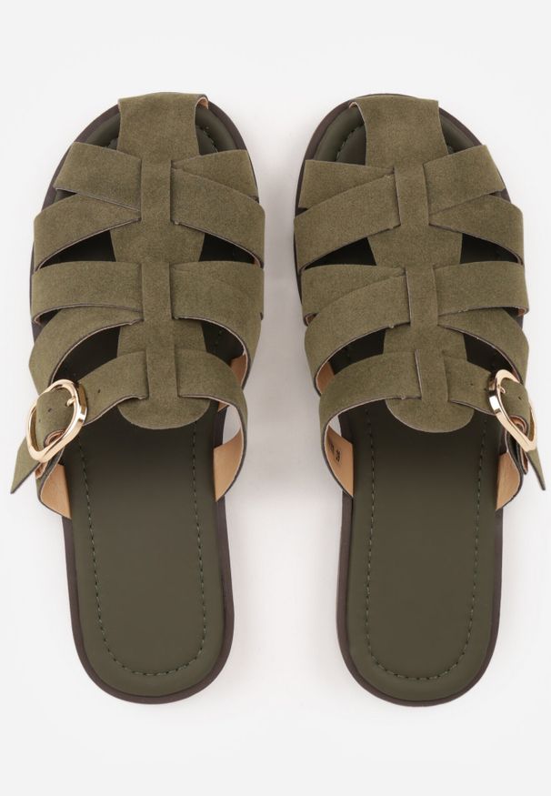 Born2be - Zielone Klapki z Paskami w Stylu Gladiatorek z Klamerką Lorianatea. Okazja: na co dzień. Kolor: zielony. Materiał: jeans. Sezon: lato. Styl: casual