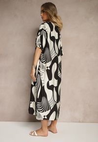 Renee - Czarna Pudełkowa Sukienka w Abstrakcyjny Wzór z Dekoltem w Kształcie Litery V Sallinori. Typ kołnierza: dekolt w kształcie V. Kolekcja: plus size. Kolor: czarny. Długość rękawa: krótki rękaw. Typ sukienki: dla puszystych. Styl: elegancki #4