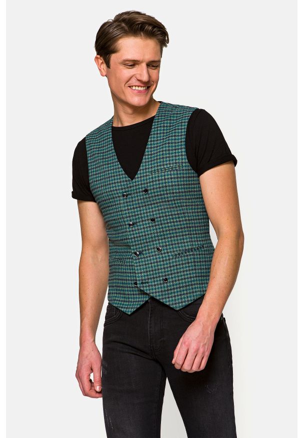 Lancerto - Kamizelka Zielona w Kratę Nola. Typ kołnierza: golf. Kolor: zielony. Materiał: jeans, wiskoza, materiał, elastan, tkanina, poliester. Wzór: ze splotem, kratka, kolorowy