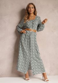 Renee - Biało-Zielona Sukienka Hyrathe. Kolor: zielony. Materiał: tkanina. Wzór: aplikacja, kwiaty, nadruk. Styl: elegancki. Długość: maxi #4