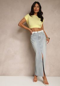 Renee - Jasnoniebieska Spódnica Jeansowa o Ołówkowym Kroju Zdobiona Rozcięciem Lisovira. Stan: podwyższony. Kolor: niebieski. Materiał: jeans. Wzór: aplikacja. Styl: elegancki #5