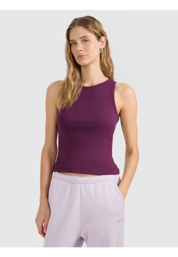 4f - 4F Top slim gładki damski - fioletowy XL. Kolor: fioletowy. Materiał: jersey, dzianina, materiał, bawełna, elastan. Wzór: gładki