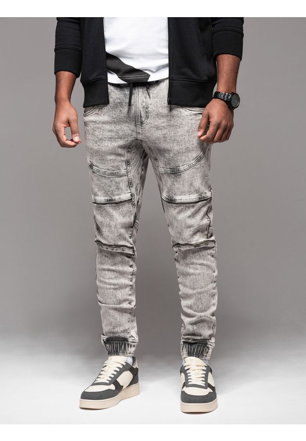 Ombre Clothing - Męskie jeansowe spodnie joggery z przetarciami i zamkami – szare V4. Kolor: szary. Materiał: jeans. Styl: retro, klasyczny, rockowy