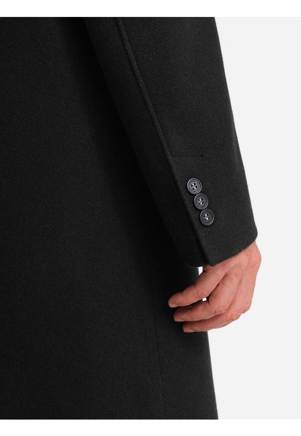 Ombre Clothing - Męski długi jednorzędowy płaszcz z kołnierzykiem i podpinką – czarny V1 OM-COWC-0106 - M. Okazja: na co dzień. Typ kołnierza: komin, kołnierzyk koszulowy. Kolor: czarny. Materiał: wiskoza, materiał, syntetyk, poliester. Długość: długie. Wzór: jednolity. Styl: wizytowy, elegancki, casual