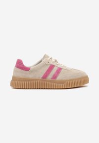 Born2be - Beżowo-Fuksjowe Skórzane Sneakersy Klasyczne Tenisówki z Zamszu Naturalnego Teniresela. Okazja: na co dzień. Kolor: beżowy. Materiał: zamsz, skóra