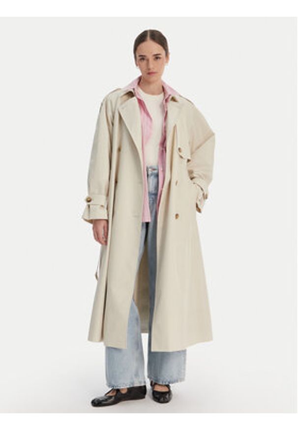 TOMMY HILFIGER - Tommy Hilfiger Trencz WW0WW50627 Écru Oversize. Kolor: kremowy. Materiał: bawełna