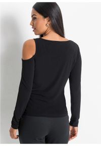 Shirt cold-shoulder z perełkami bonprix czarny. Kolor: czarny. Materiał: materiał, poliester, elastan. Długość rękawa: długi rękaw. Długość: długie #3