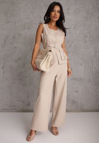 Renee - Beżowy Garniturowy Komplet z Bawełną Spodnie Wide Leg i Kamizelka Utility Aloane. Kolor: beżowy. Materiał: bawełna #6